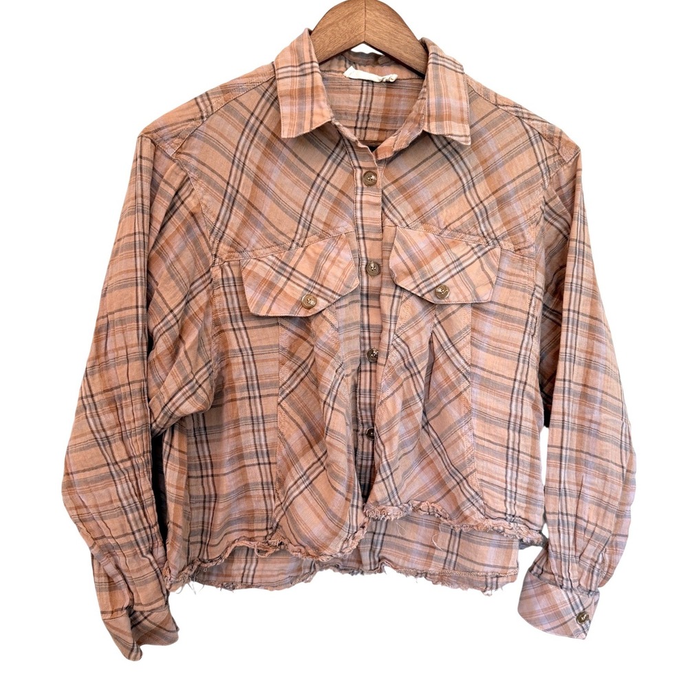 Millibon‎ USA Gauzy Cotton Beige Plaid Cropped Western Swing Shirt Raw Hem Small